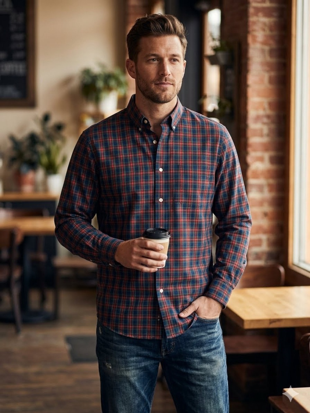 Lands' End Men's Navy and Red Plaid Button-Down Shirt
